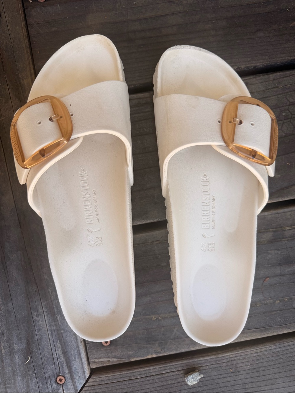 Birkenstock Women’s Cream Slide Sandals with Amber Buckles